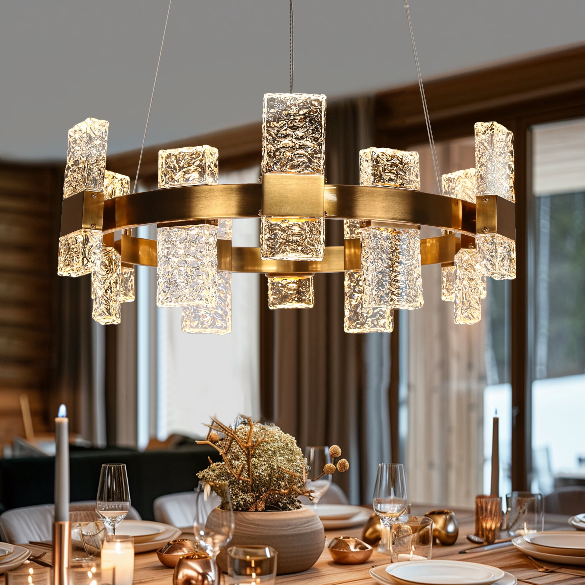 LNC Euromos 24 -Light Polished Brass Glam Integrated LED Crystal For Use in Bedrooms, Dining Rooms, Foyers, Kitchens, Living Rooms Chandelier