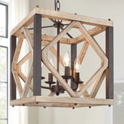 LNC Farmhouse 4-Light Square Wood Chandelier with Rustic Bronze Metal,Kitchen Island Light
