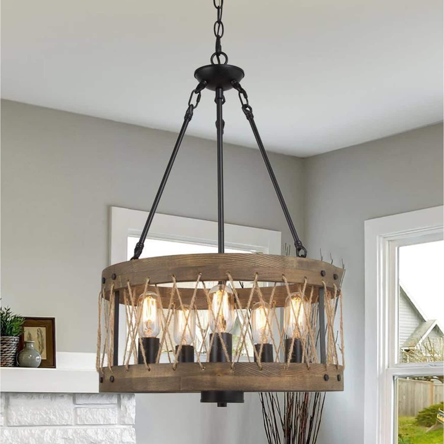 Rustic Brown Wood and Jute Rope Drum Chandelier