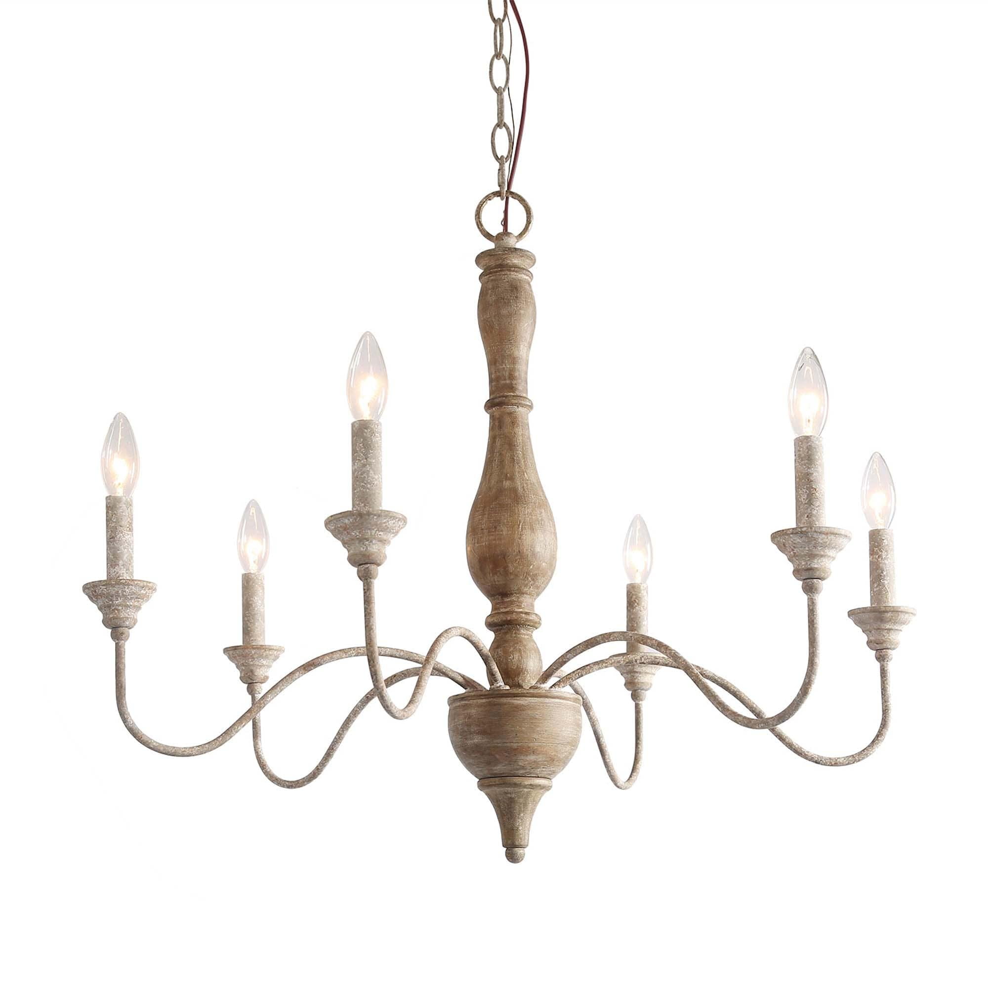 Distressed Off-White Wood and Steel 6-Light Candle Chandelier