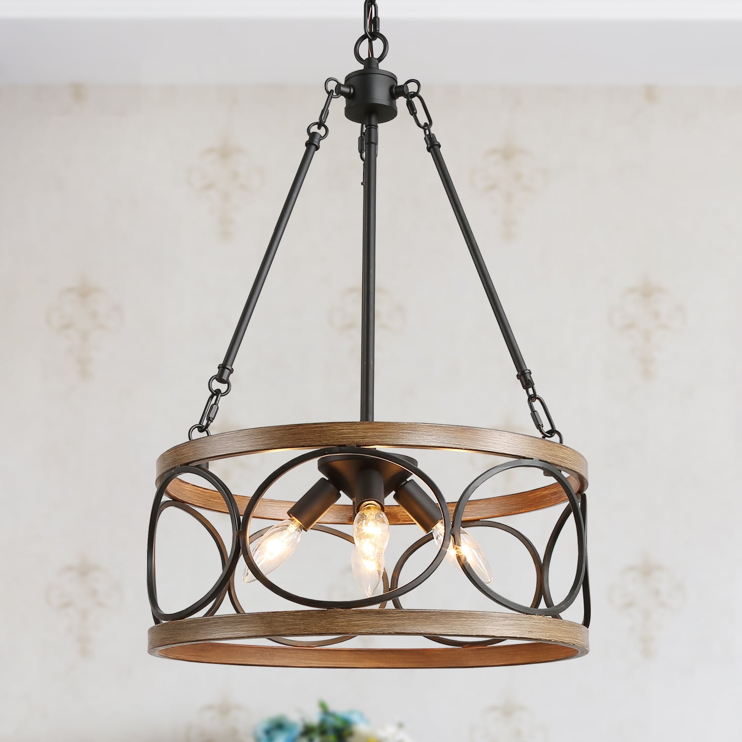 16'' Black and Brown Wood Drum Chandelier