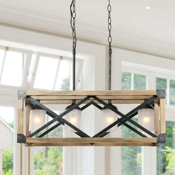 LNC Farmhouse Chandeliers for Kitchen Island Wooden Lighting with Frosted Glass Shades 4-light
