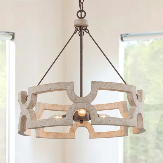 LNC Farmhouse Drum Chandelier,3-Light Handmade Wood Weathered White Wood and Bronze Finish for Kitchen Island
