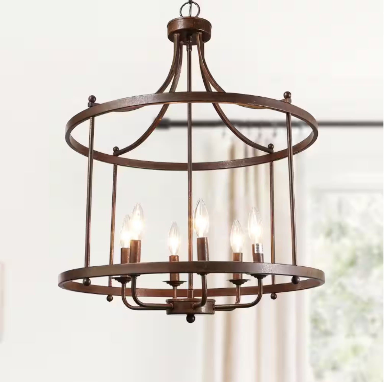 LNC Farmhouse Drum Chandelier 6-Light Rusty Bronze Cage Classic Chandelier for Foyer Candlestick Pendant Light