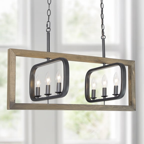 LNC Farmhouse&Rustic 6-Light Wood Chandelier ,Kitchen Island Light in Natural Wood&Black
