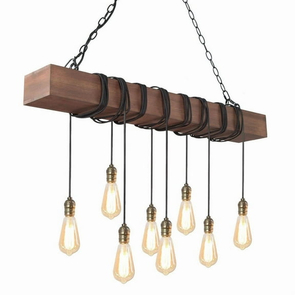 LNC Farmhouse Wood Chandelier Multiple Adjustable Hanging Ceiling Linear Light for Kitchen Island&Living Room