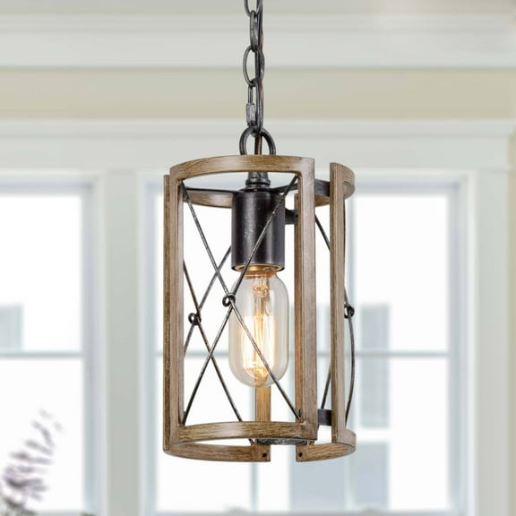 LNC Farmhouse Wood Lantern Pendant Light,LED Mini Kitchen Island Light,W5.51" x L5.51" x H9.06"