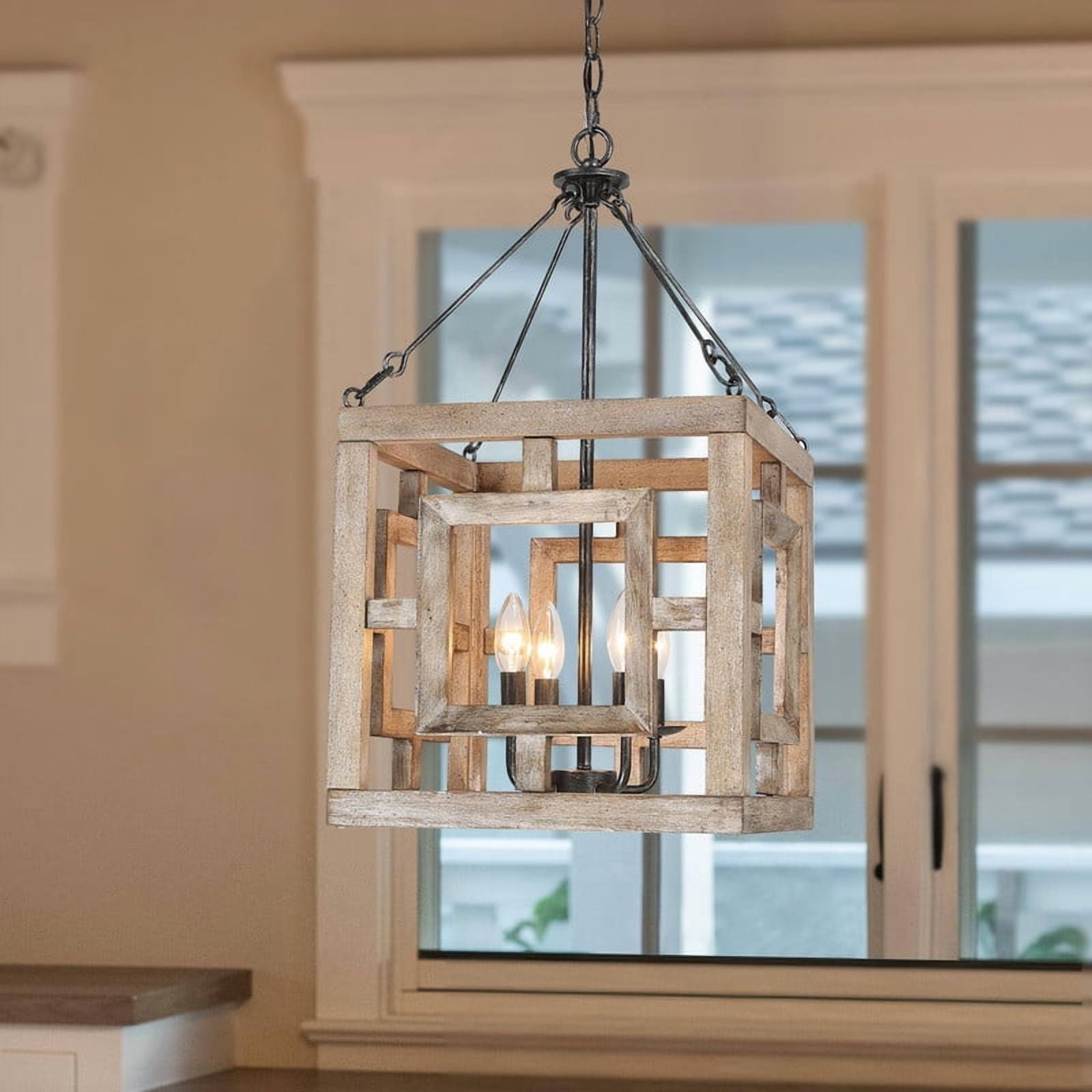 LNC Ferdinand 3-Light Rustic Wood and Black Metal Lantern Pendant for Dining Room