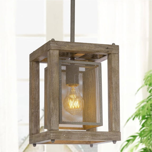 LNC Fluorite Rustic Wood and Metal Pendant Light, Adjustable Farmhouse Hanging Fixture