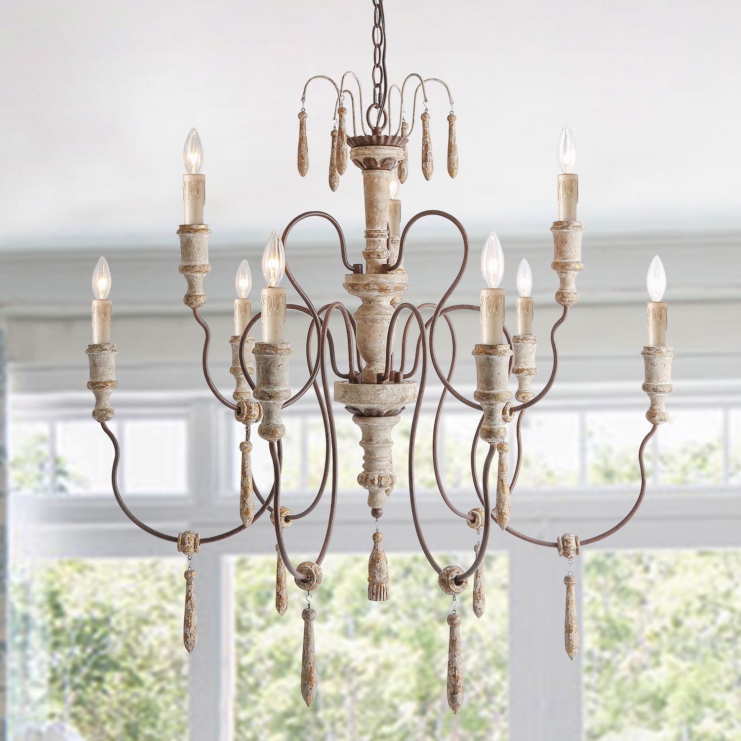 LNC French Country Wood Chandelier 9-Light for Living Room - Main Image