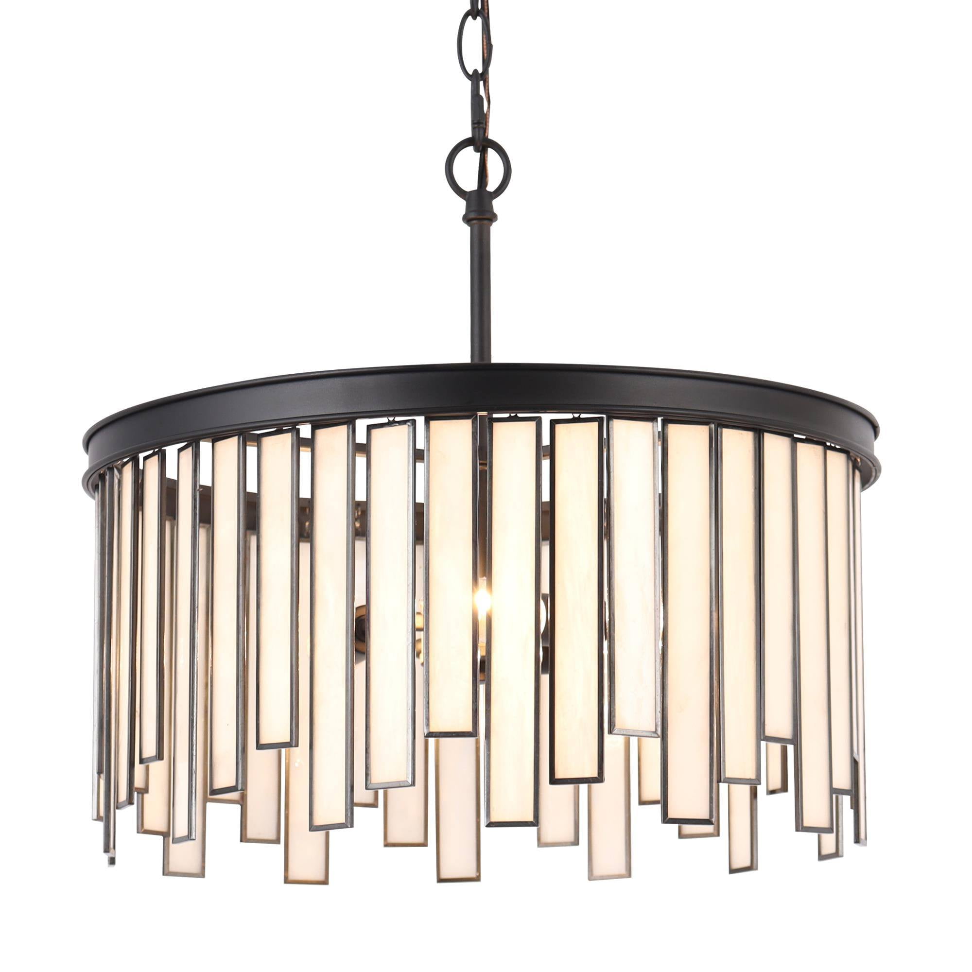 LNC Hemaaolay 3-Light Matte Black and Gold, Tiffany Art Glass Drum Pendant Light