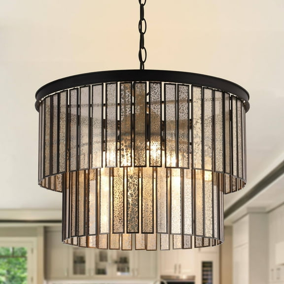 LNC Silver Art Glass Drum Chandelier with Black Frame, 4-Light, Adjustable Height