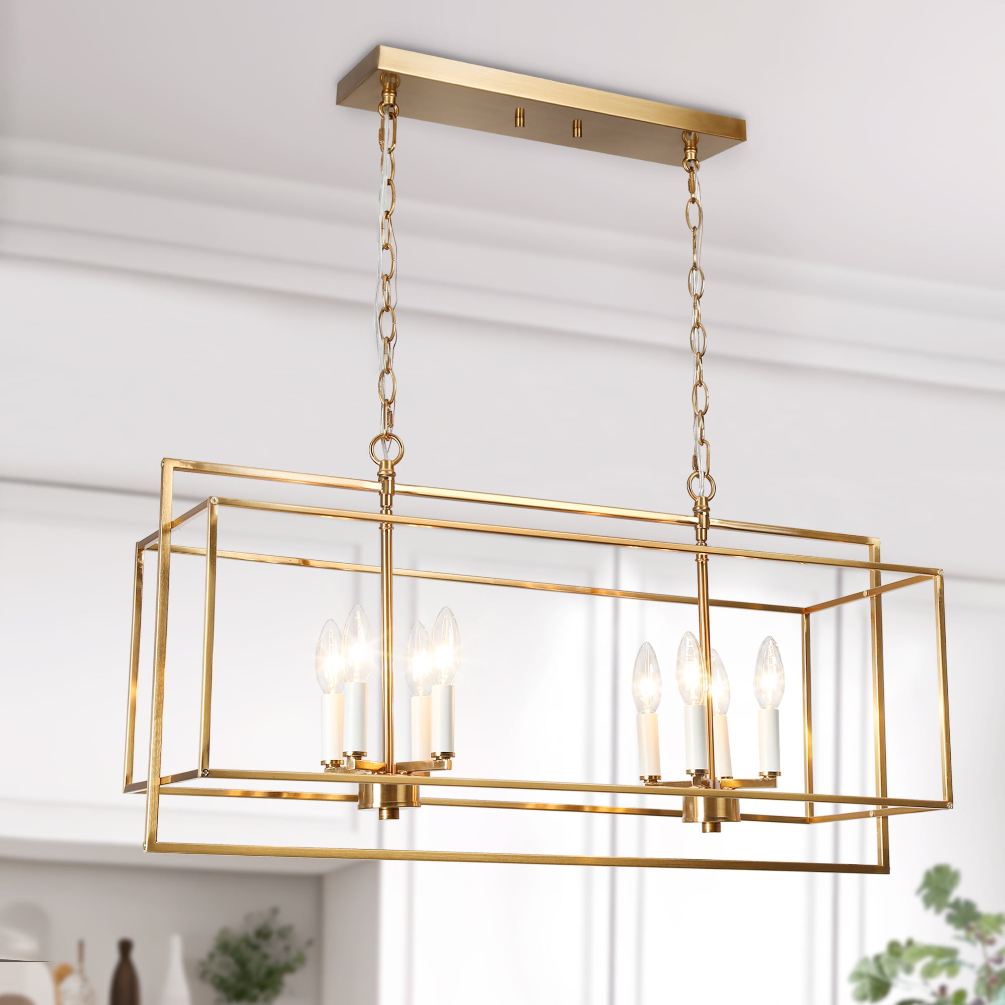 LNC 32-in Gold Rectangular 8-Light Island Chandelier for Kitchen Island & Dining Room