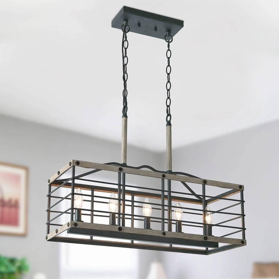 LNC Hypsikalamos 4-Light Rectangular Linear Chandelier with Wood and Black Metal Frame for Kitchen Island or Dining Room