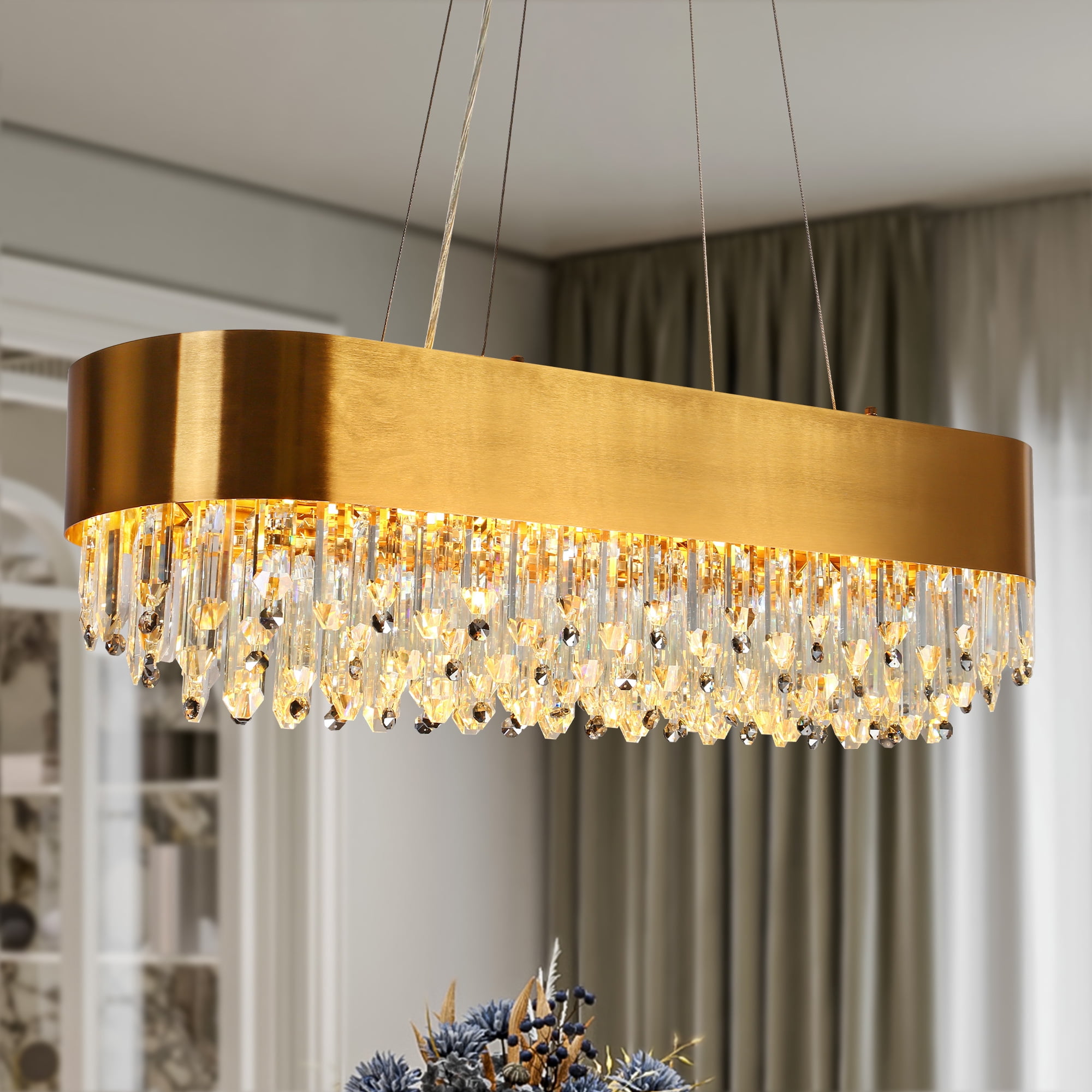 LNC Icarium 10 -Light Polished Gold and Crystal Glam Textured glass Geometric Large Hanging Kitchen island light