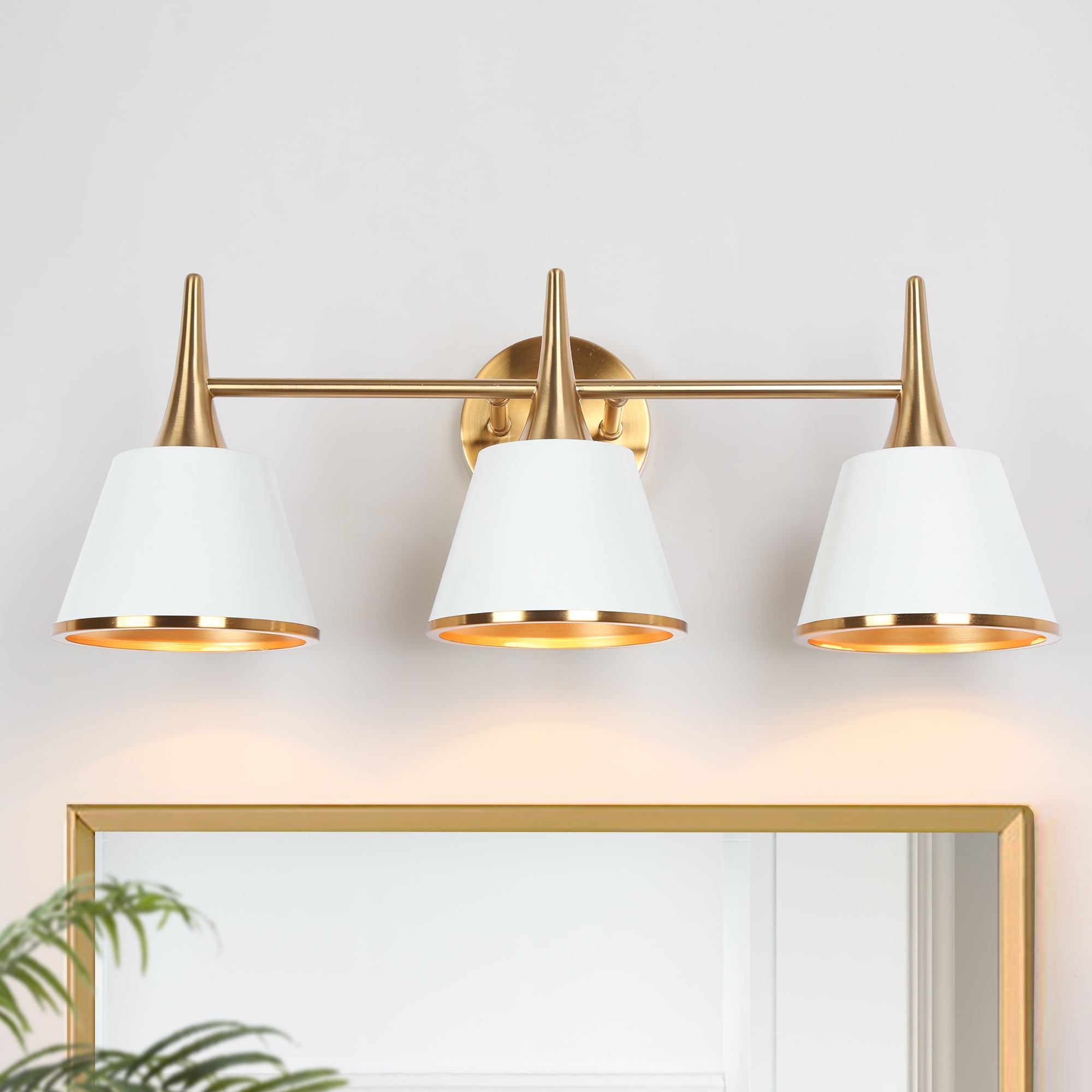 LNC White & Gold 3-Light Bathroom Vanity Light with Cone Shades, Dimmable, 22.5" W