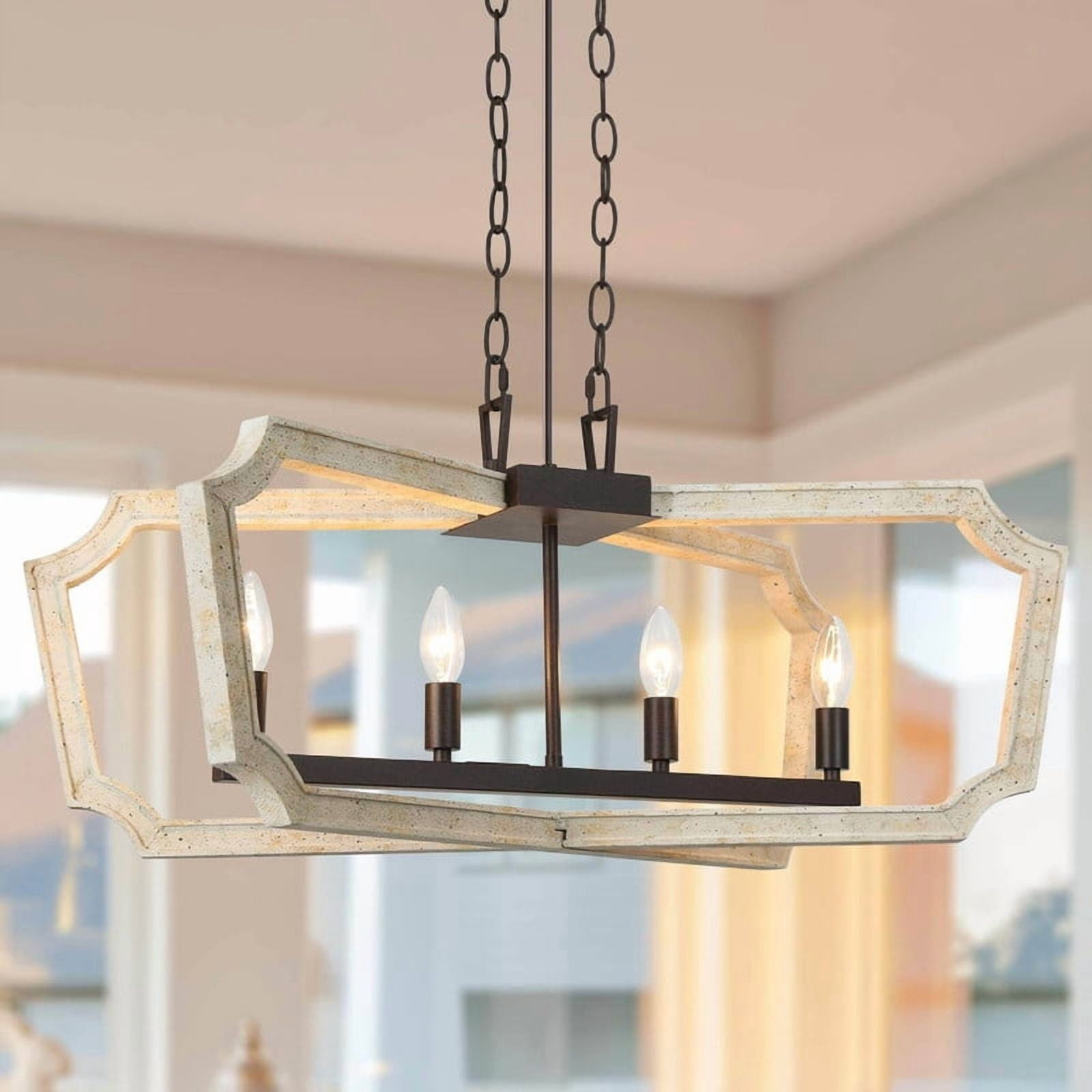 LNC Integrifolia 4-Light Rustic Wood and Iron Linear Chandelier for Kitchen Island