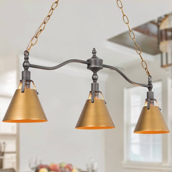 LNC Ives 3-Light Linear Island Light in Antique Gold and Silver Brushed Finish