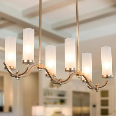 LNC Kayna Mid-Century Modern 6-Light Chandelier Frosted Glass Lights for Kitchen Island Gold L 30" x W 9" x H 17"