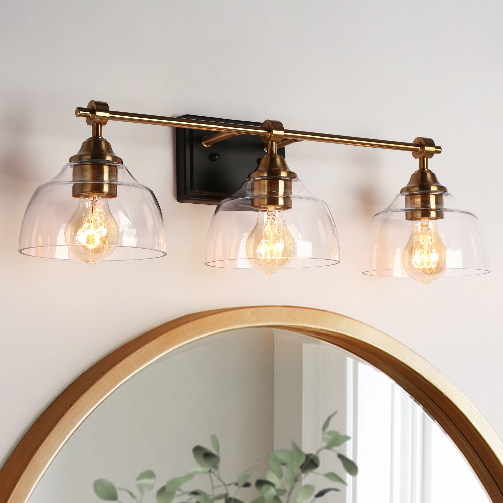 LNC 3-Light Bathroom Vanity Light in Matte Black and Gold with Clear Glass Dome Shades