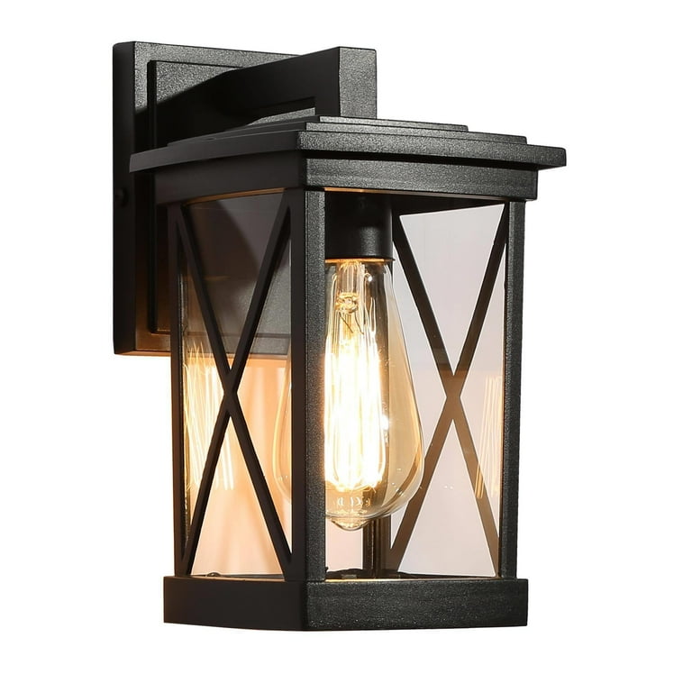 1-Light Black 11 in. H Square Patio LED Decorative Outdoor Metal Caged Wall Lantern Seeded Glass Sconce 1-Light Black 11 in. H Square Patio LED Decorative Outdoor Metal Caged Wall Lantern Seeded Glass Sconce