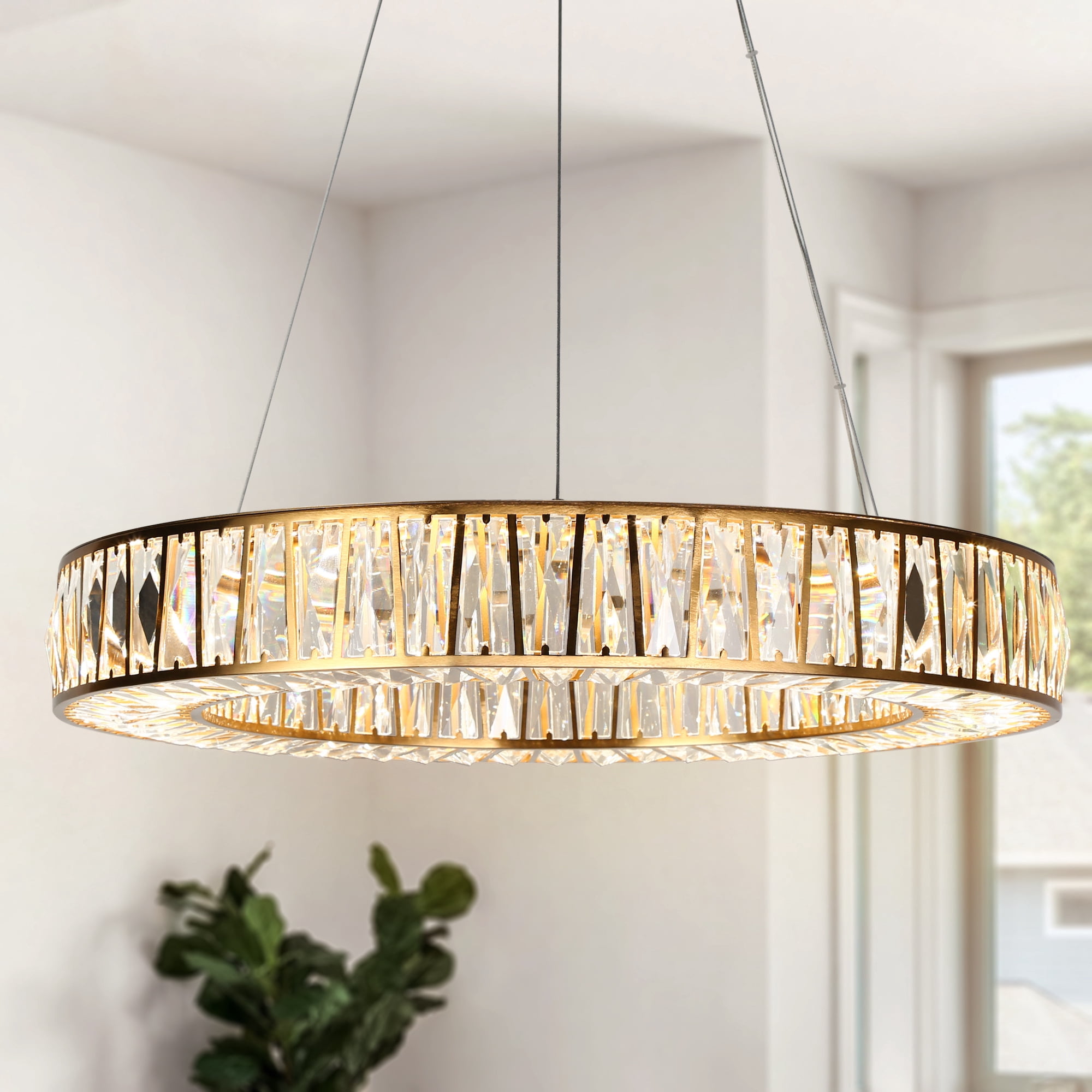 LNC Laycantonic 1 -Light Polished Brass Glam Integrated LED Crystal For Use in Bedrooms, Dining Rooms, Foyers, Kitchens, Living Rooms Chandelier