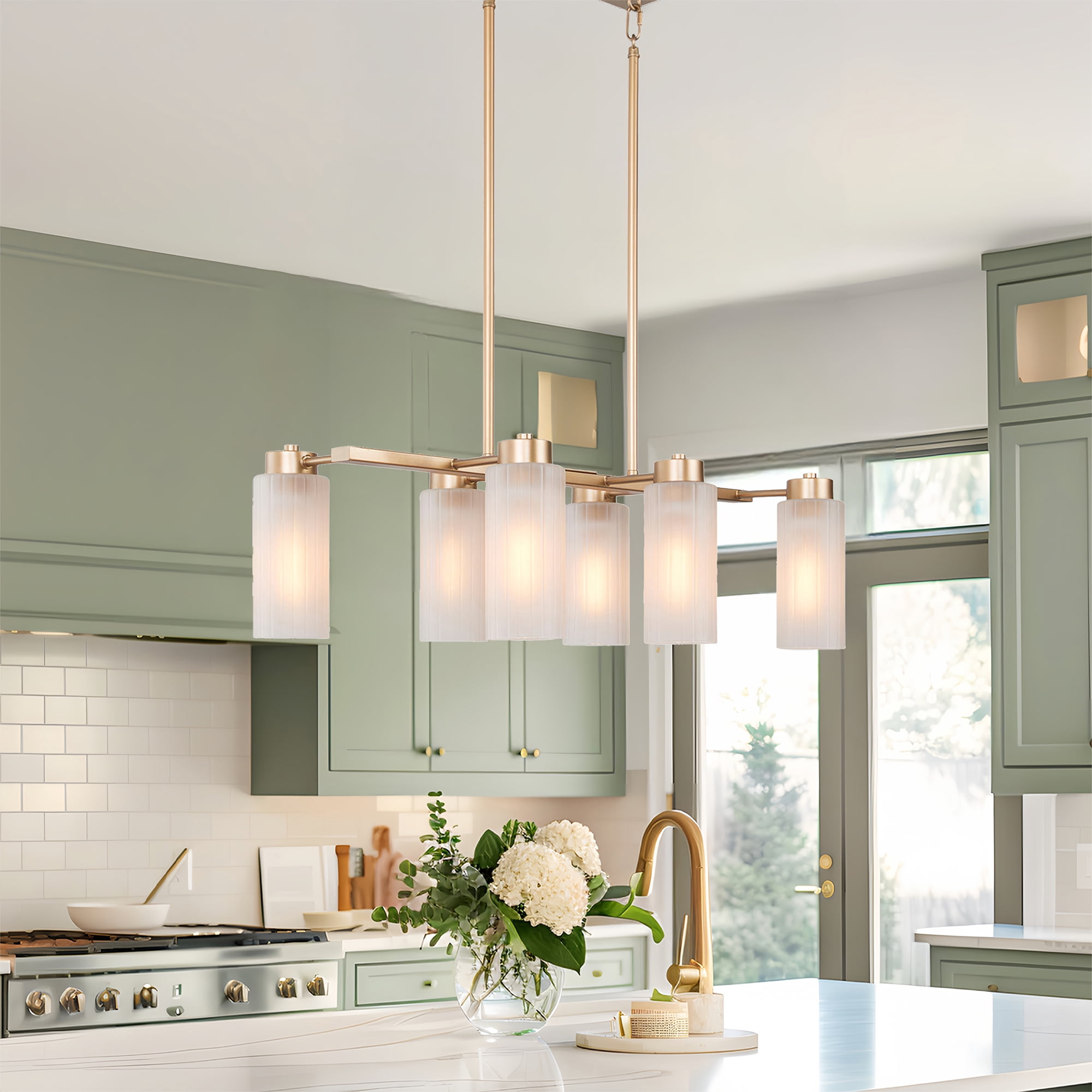 LNC Layla 6 -Light Matte Gold Modern/contemporary Frosted glass Linear Medium Hanging Kitchen Island Light