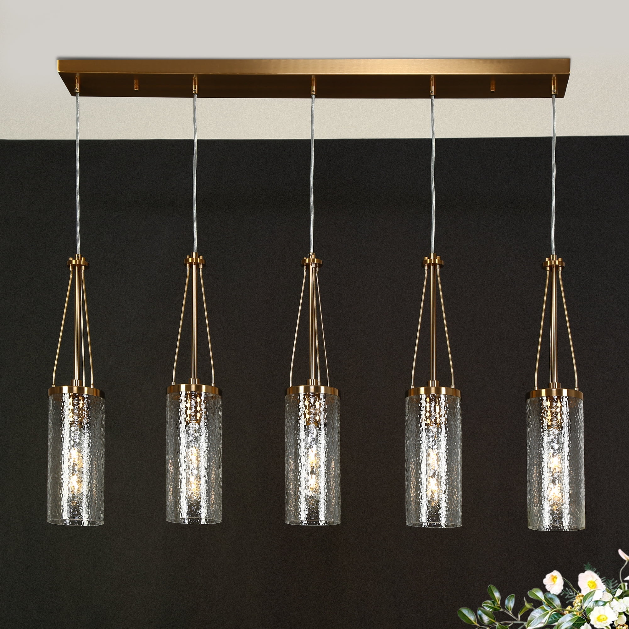 LNC Letophafos 5 -Light Polished Dark Gold with Ripple Glass Modern/contemporary Textured glass Crystal Linear Large Hanging Kitchen Island Light
