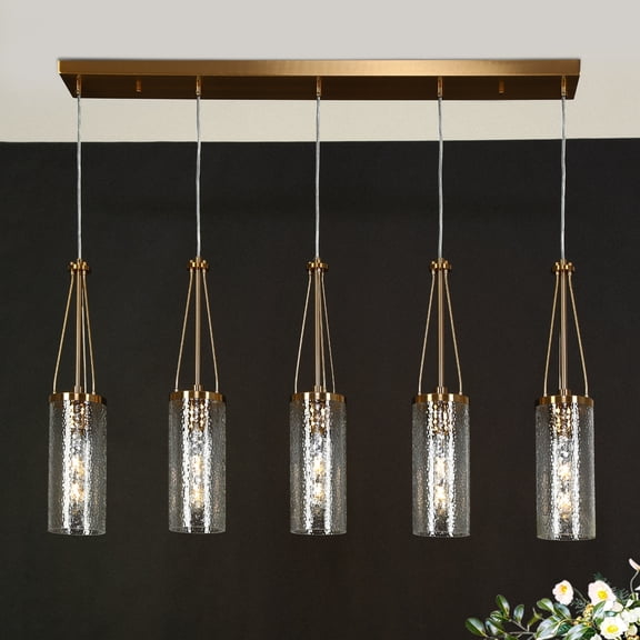 LNC Letophafos 5 -Light Polished Dark Gold with Ripple Glass Modern/contemporary Textured glass Crystal Linear Large Hanging Kitchen Island Light