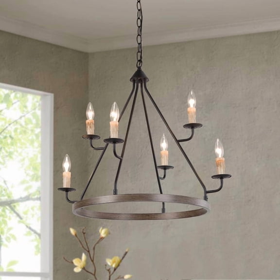LNC Lirienne 6-Light Farmhouse Black and Wood Round Candle Chandelier