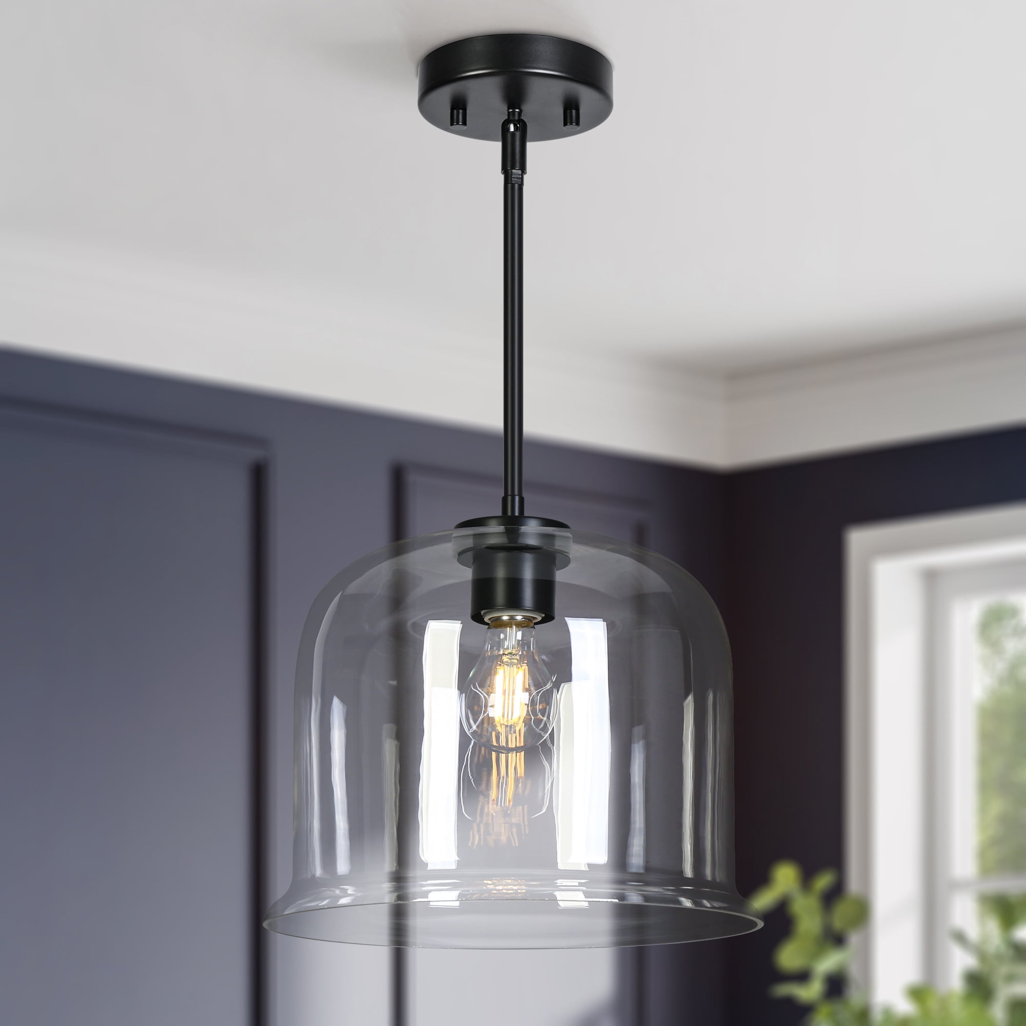 LNC Matte Black Modern/Contemporary Clear Glass Dome LED Medium Hanging Pendant Light