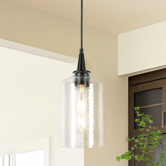 LNC Matte Black Modern/Contemporary Seeded Glass Cylinder LED Mini Hanging Pendant Light