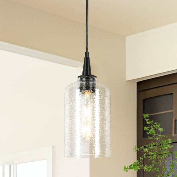 LNC Matte Black Modern/Contemporary Seeded Glass Cylinder LED Mini Hanging Pendant Light