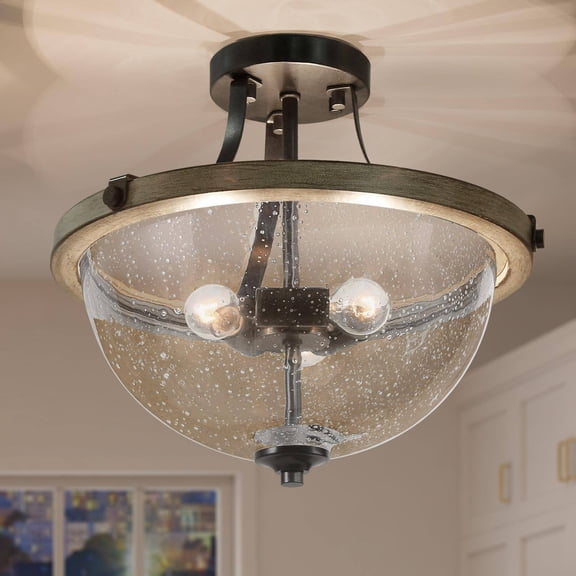 LNC Maven 3-Lights 13-in Matte Black and Distressed Gray Seeded Glass Bowl LED Semi-flush Mount Lights