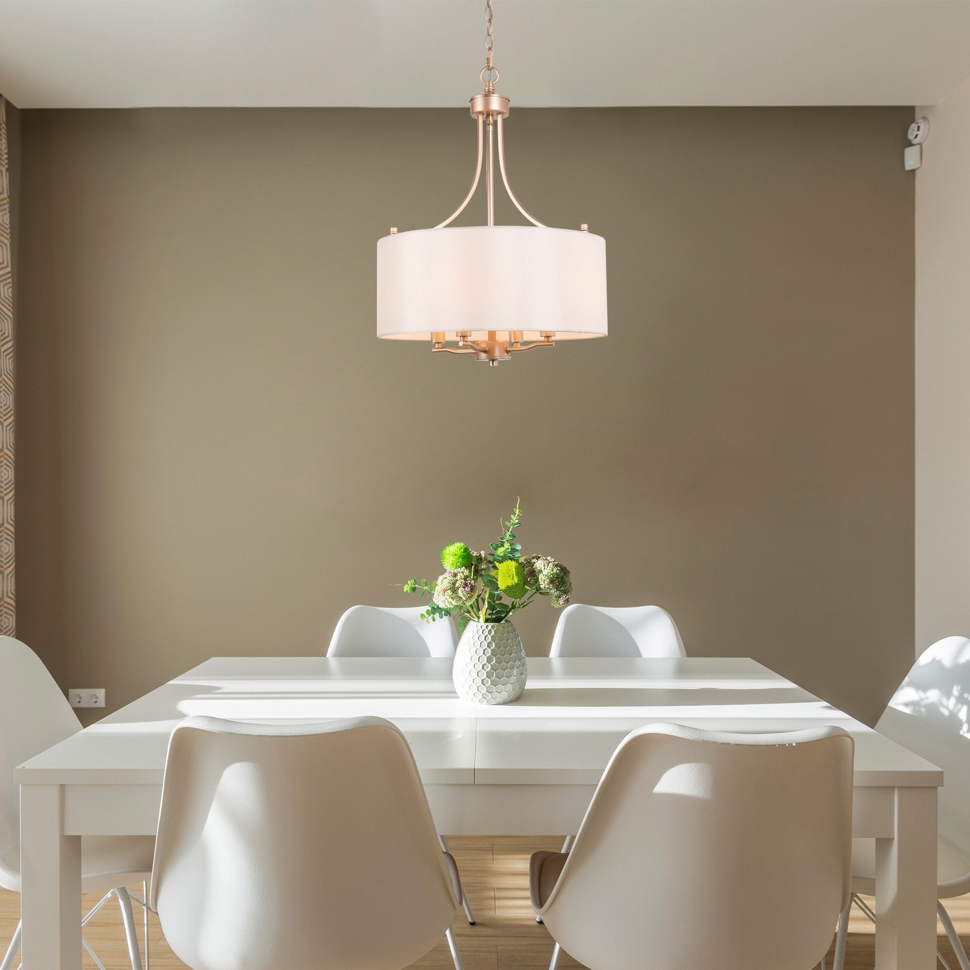 Mid-Century Modern Gold Drum 4-Light Chandelier with Beige Fabric Shade