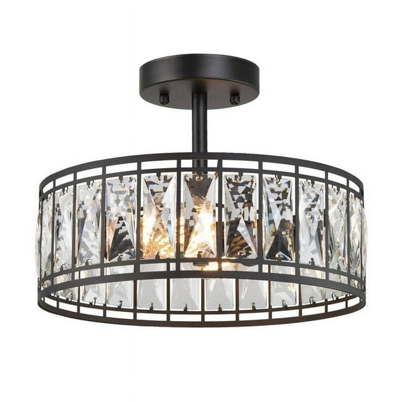 LNC 2-Light Matte Black Semi Flush Mount with Crystal Accents, Modern Ceiling Light