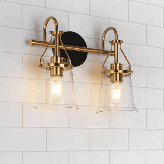 LNC Modern 14 in. 2-Light Black and Brass Vanity Light with Bell Seeded Glass Shades
