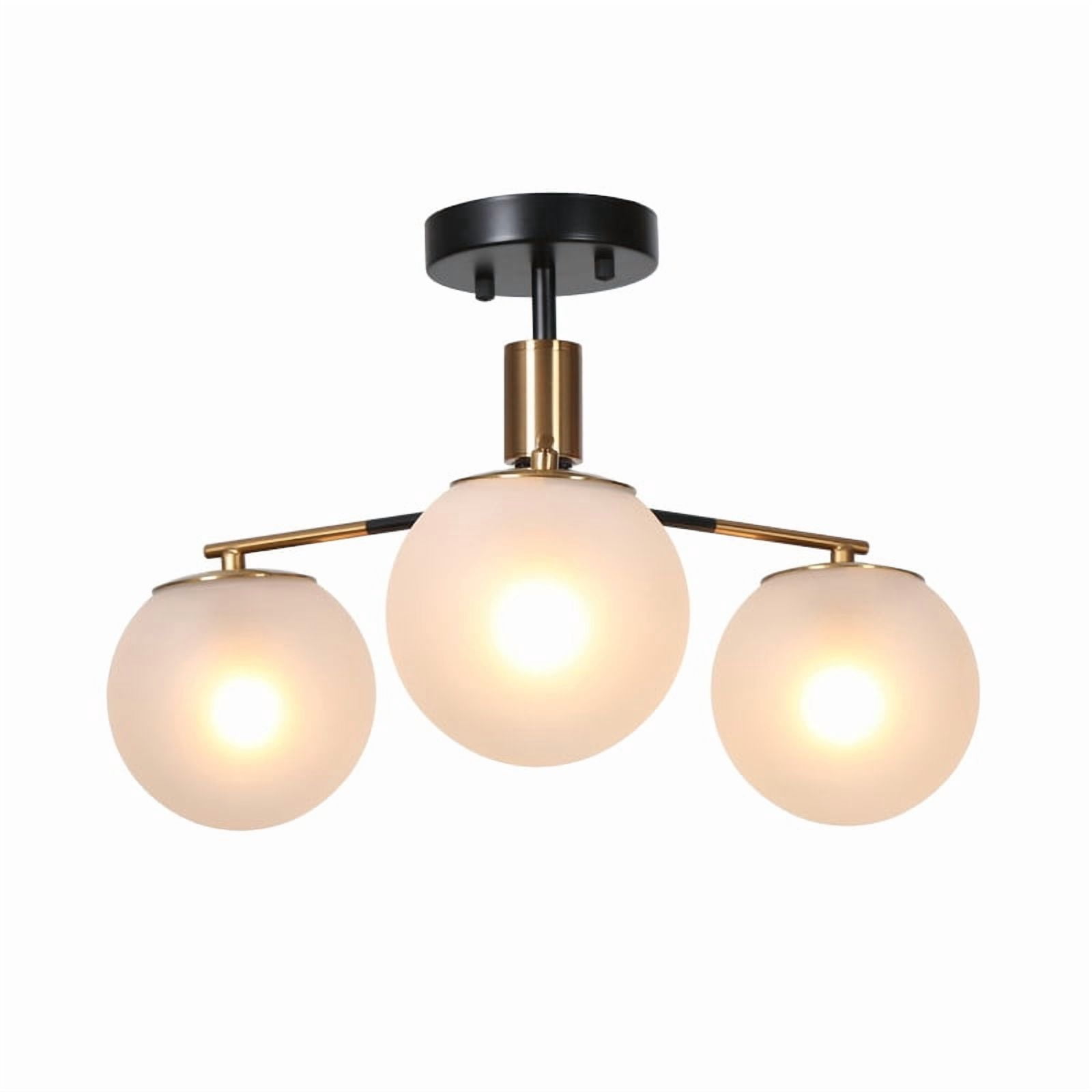 LNC 19" 3-Light Semi Flush Mount Ceiling Light,Black Gold Modern Globe Frosted Glass Light Fixture for Bedroom,Living Room