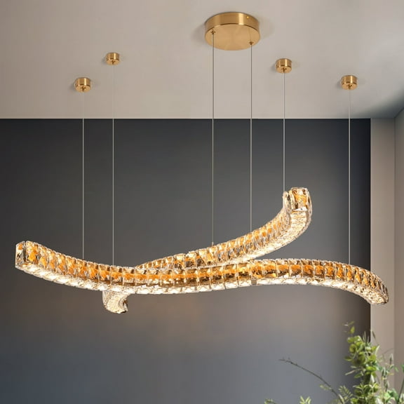 LNC Metorcalipia 2-Light 34.6" Luxury and Glam Geometric Integrated LED Crystal Chandelier, Polished Gold