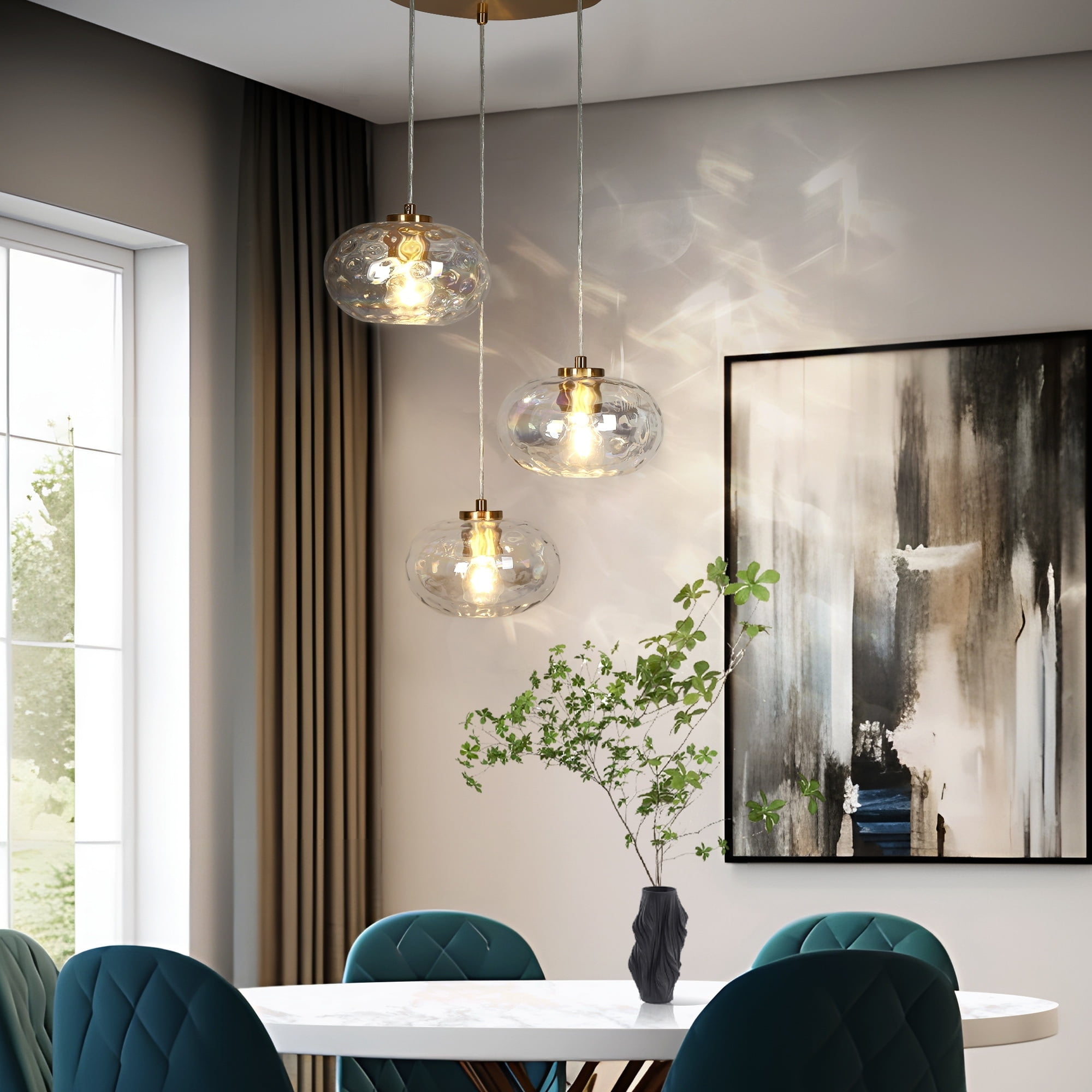 Modern Brass and Crystal 3-Light Cluster Pendant Chandelier