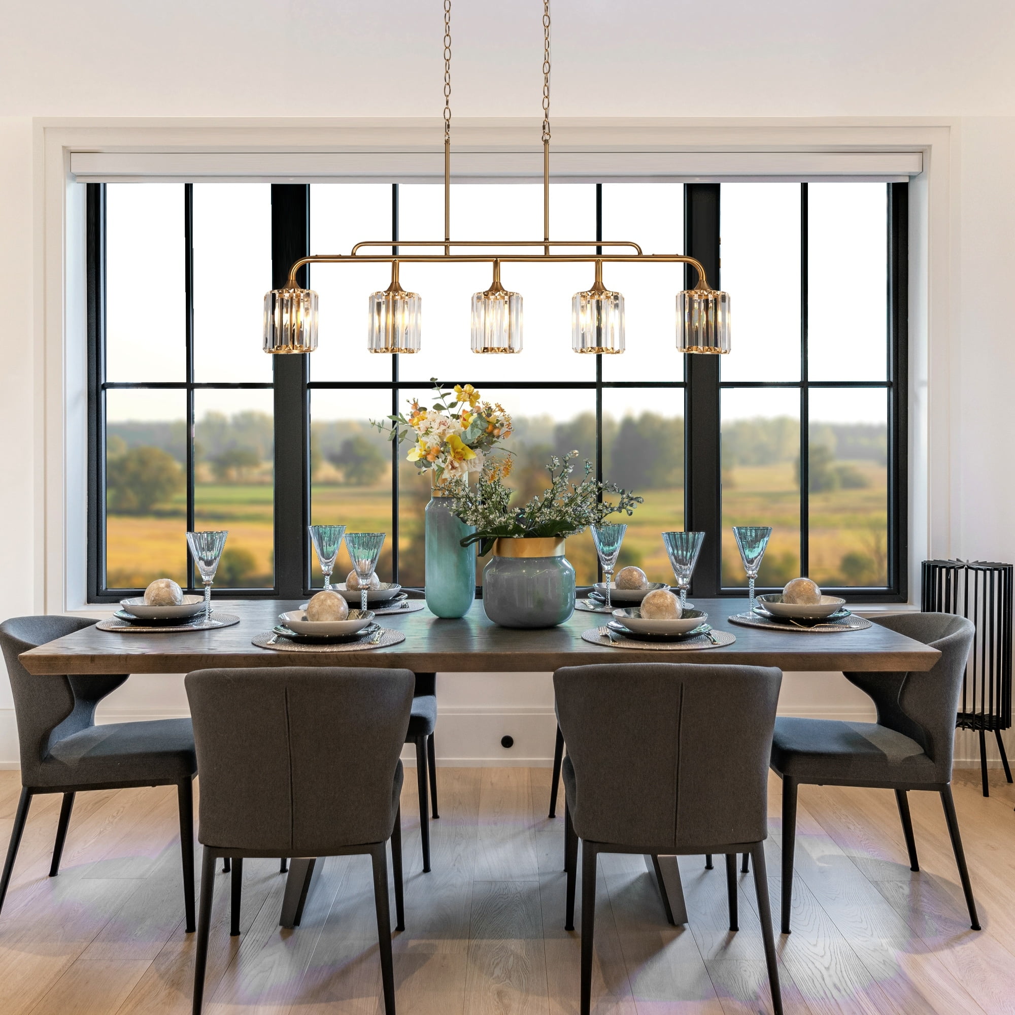 Oversized Brass and Crystal 47" Linear Island Chandelier
