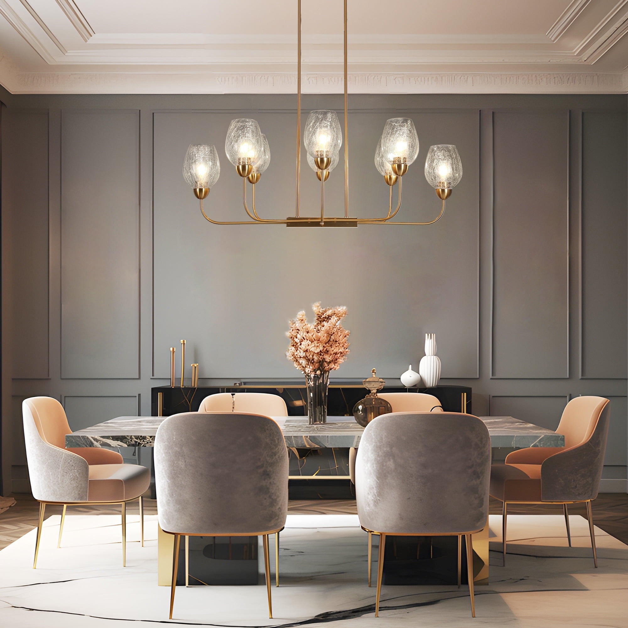 Gold Brass 8-Light Chandelier with Crackled Glass Shades