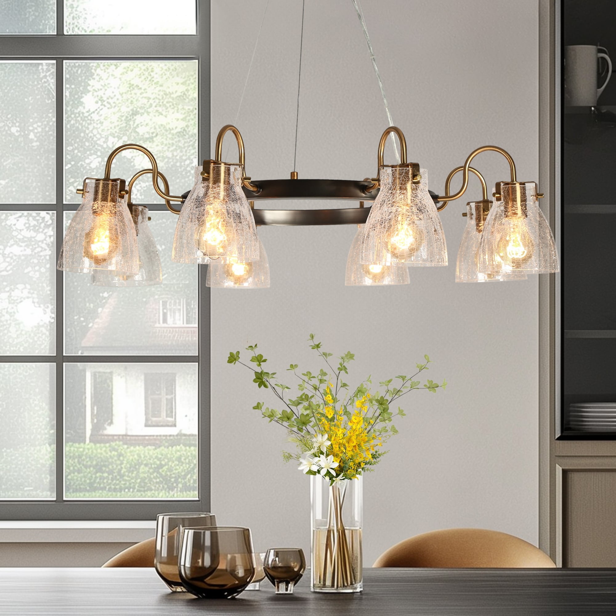 Modern Black and Gold 8-Light Crackled Glass Chandelier