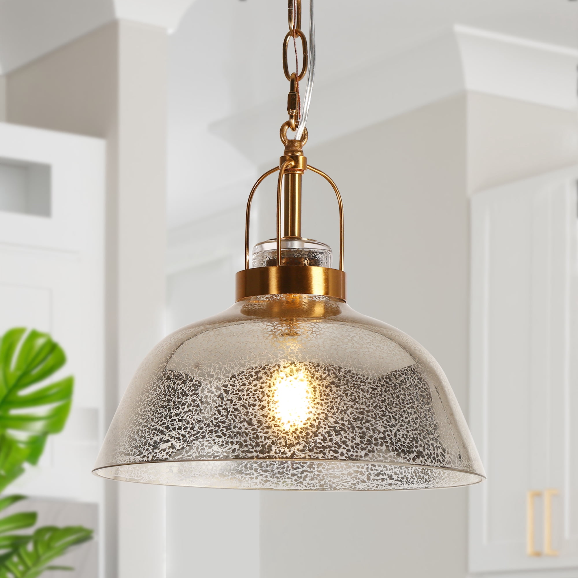 LNC Gold Dome Pendant Light with Ripple Glass Shade, Adjustable Height, E26 Socket
