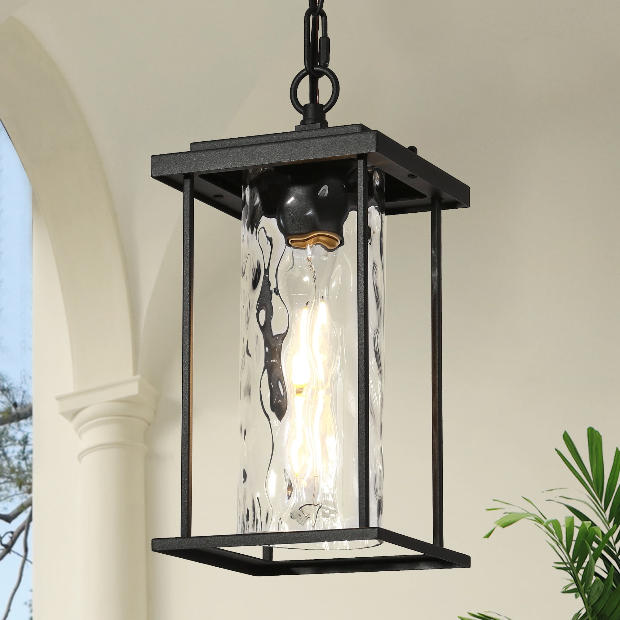 Black Metal and Water Ripple Glass Outdoor Pendant Light