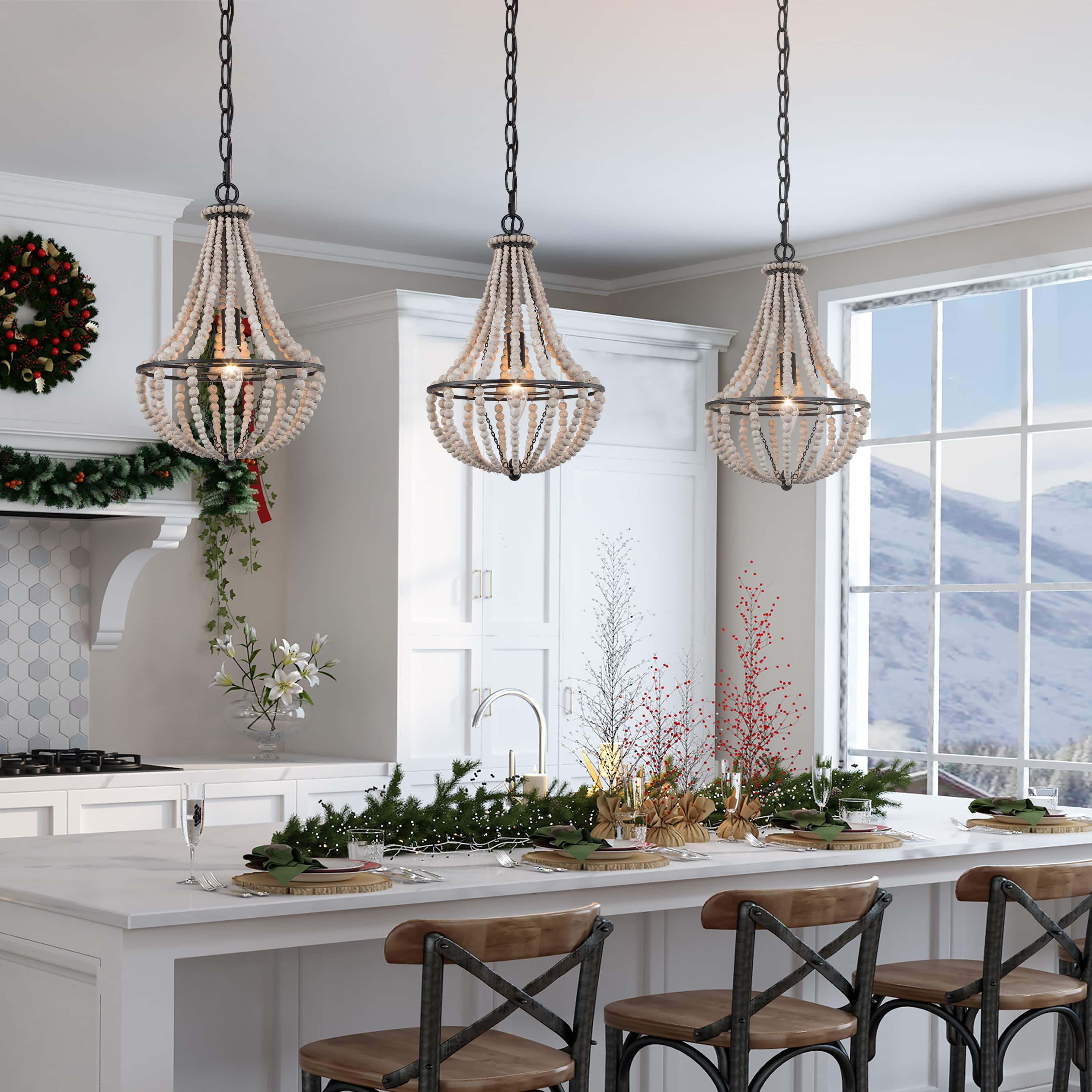 豪華 Wood 1-Light Farmhouse Modern LNC Beaded Chandelier Mini ライト・ランタン