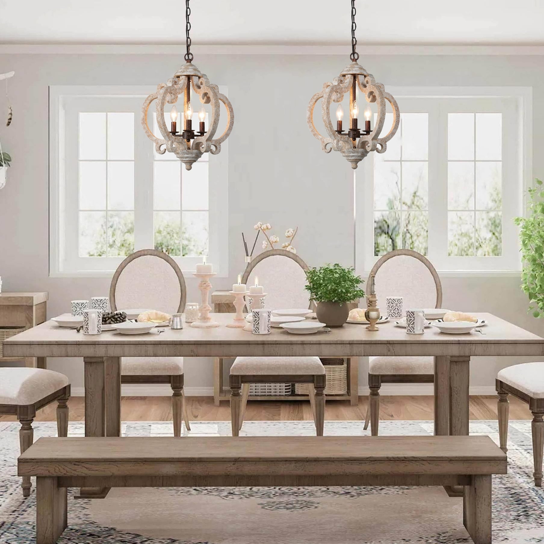 Distressed Off-White Wood and Metal 3-Light Chandelier