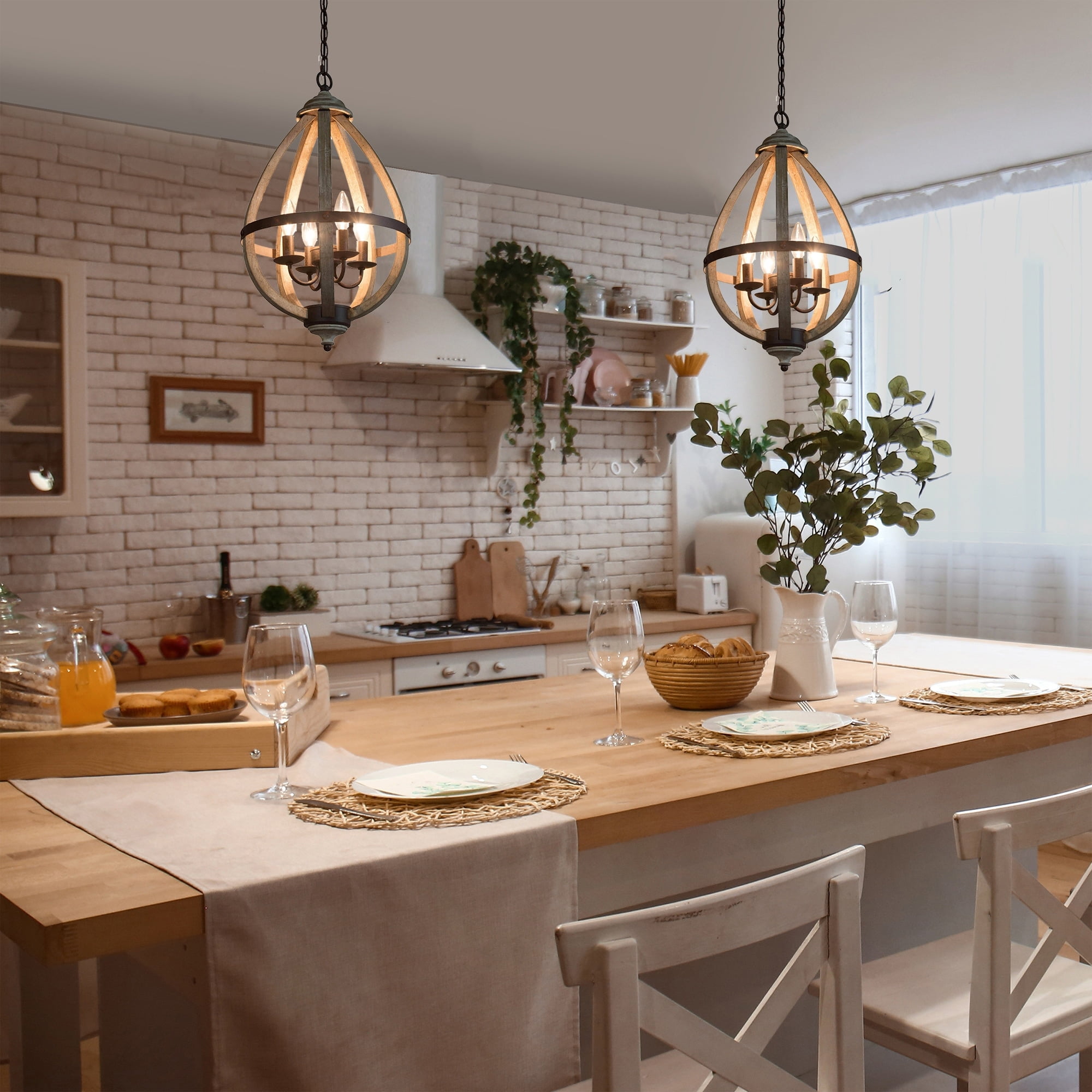 Azizon Modern Farmhouse 4-Light Wood Chandelier, Kitchen Island