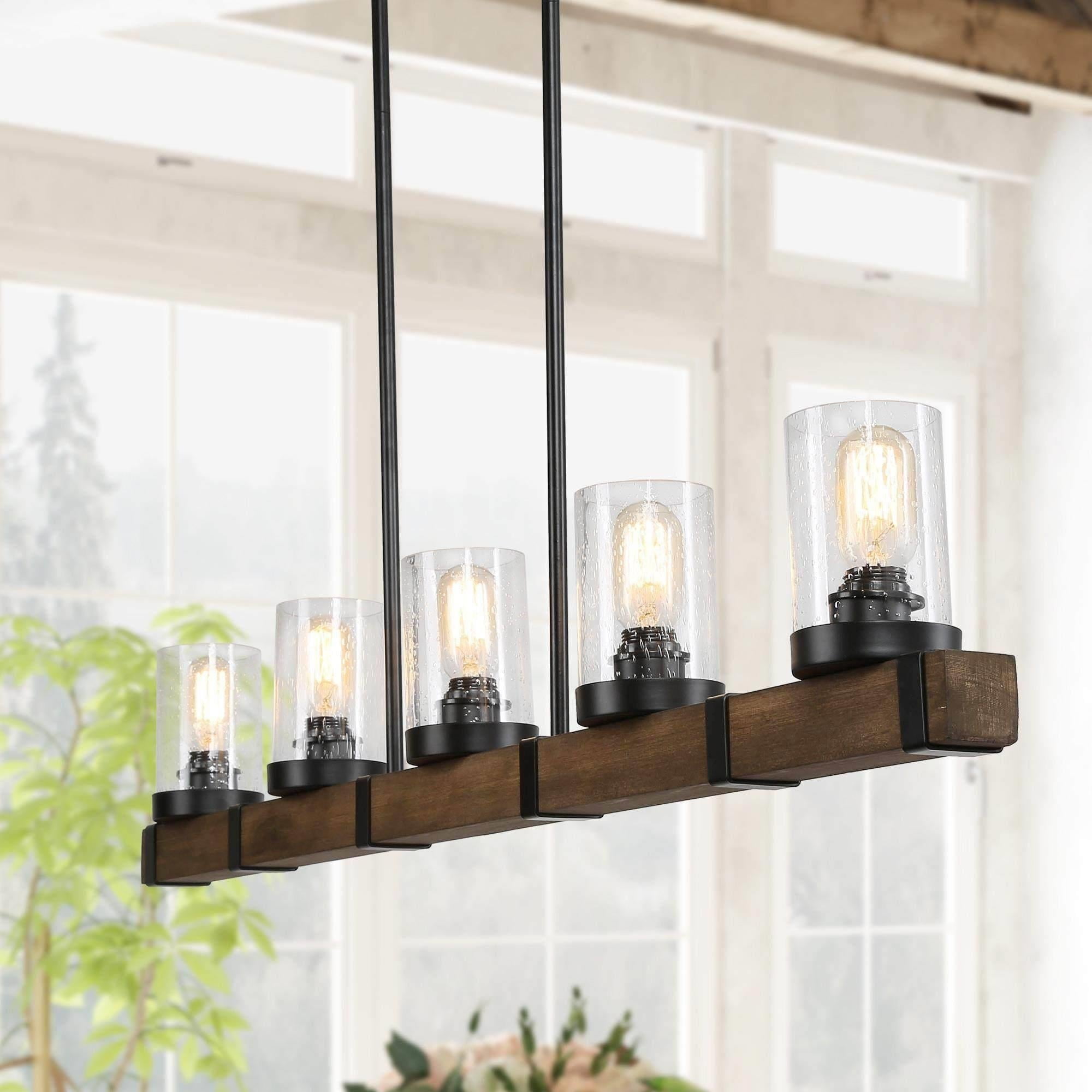 Matte Black and Distressed Wood 5-Light Farmhouse Chandelier