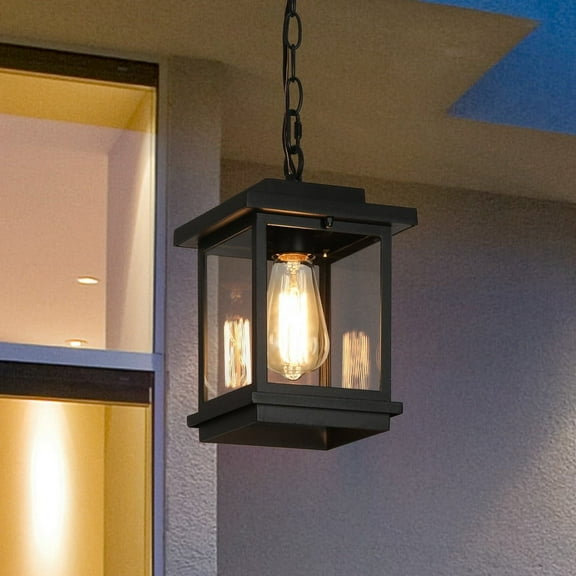 LNC Black Outdoor Hanging Lantern with Clear Glass, Transitional Pendant for Wet Areas